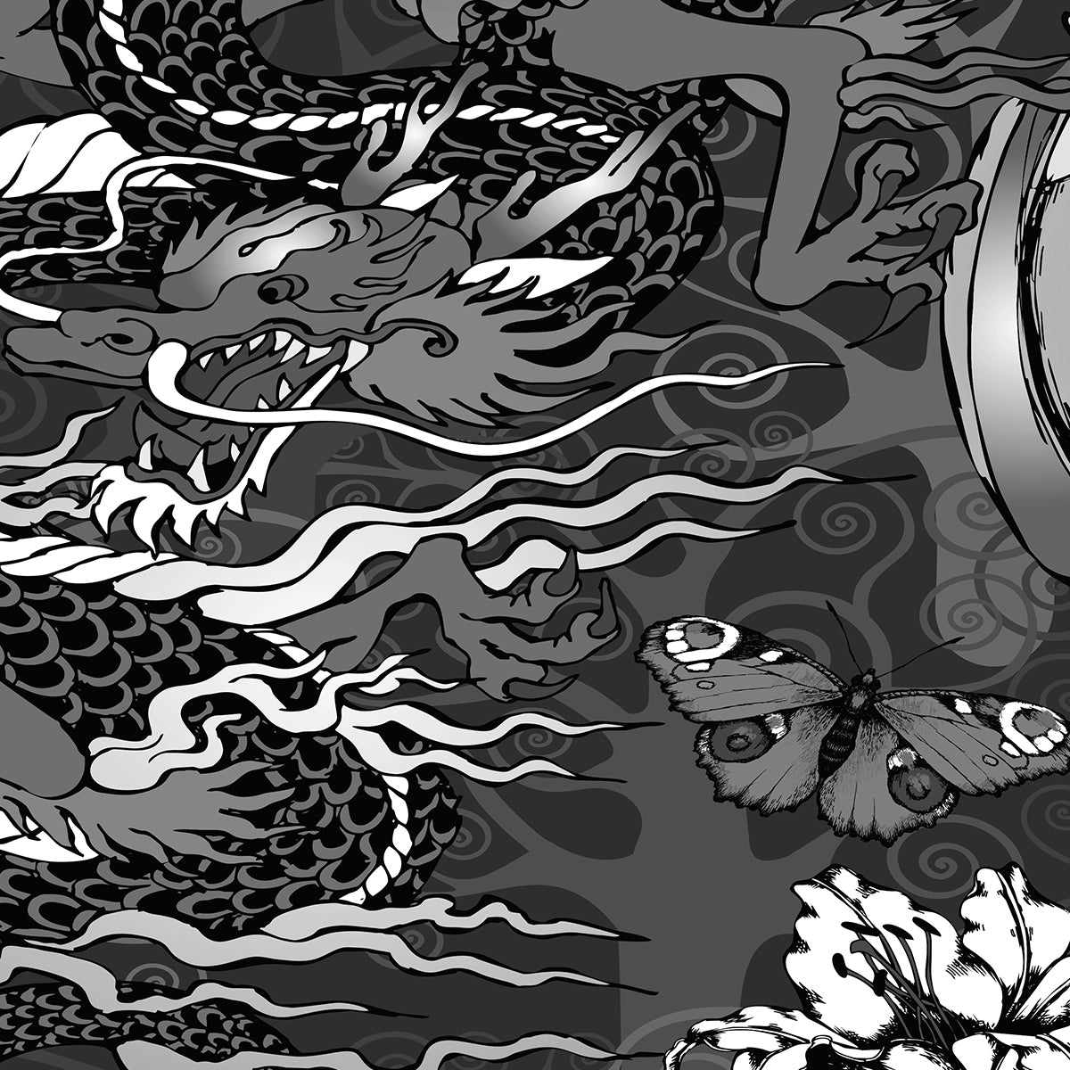 GEISHA DRAGON GREYSCALE